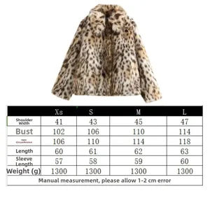 Size guide table for women's leopard print faux fur jacket with detailed measurements