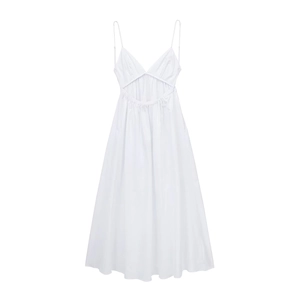 Minimalist white midi sundress with an open back and elastic shirred waist detail