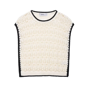 Gilet en Maille Vintage au Crochet Ajouré pour Femme Bordure Contrastée Coupe Slim Blanc Cassé Haut Court Sans Manches