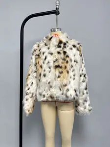 Detailed macro view of soft leopard print faux fur texture on a women's cropped jacket