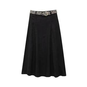 Elegant Black A-Line Maxi Skirt For Women With Wavy Woven Belt Solid Color Fashion Office Commuter Polyester Long Skirt