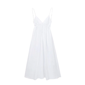 Elegant white poplin midi sundress with deep V-neck and a flared A-line silhouette