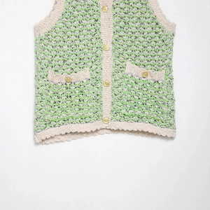 Green and white textured knit vest for women with elegant gold relief metal buttons