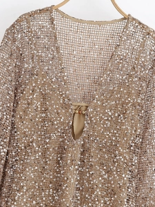 Détails de paillettes dorées sur robe en résille avec perles au col en V