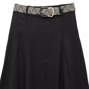 Black linen-blend A-line skirt with a woven belt and leather buckle detail for women