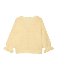 Detailed close-up of light yellow knit cardigan featuring unique ruffle cuffs and drop shoulders