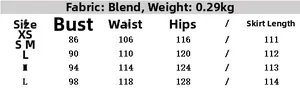 Detailed size chart for polka dot halter dress showing XS-L measurements and fabric specs