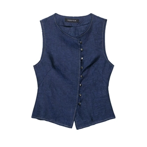 Detail of dark blue linen vest featuring vintage texture and diagonal silver metal buttons