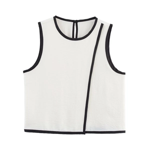Women Contrast Binding Sleeveless Top Minimalist Elegant Round Neck Asymmetric Line Crepe Vest Tank Top Casual White