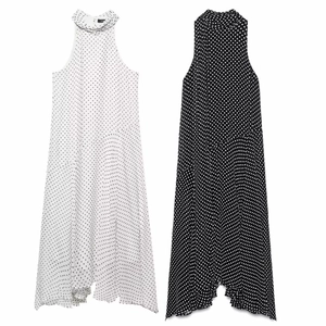 Women Summer Polka Dot Halter Neck Maxi Dress Sleeveless Bow Knot Elegant Chiffon Vacation Party Long Dress