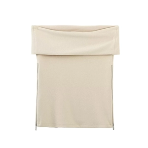 Minimalist beige off-shoulder top featuring stylish side metal zippers and ribbed texture