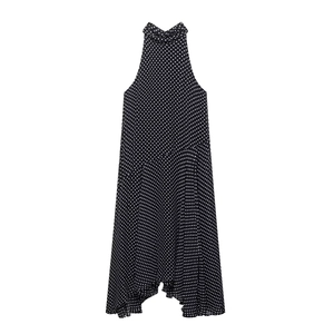 Sleeveless black halter neck dress with white polka dot pattern for summer casual wear