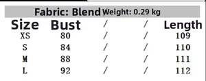 Size chart for asymmetrical embroidered dress showing bust and length in XS to L