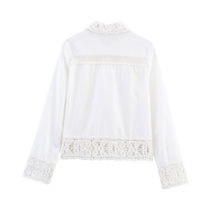 Detailed back view of white crochet lace shirt featuring intricate embroidery and ruffles