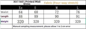 Size chart table for floral midi skirt featuring waist and length measurements in cm