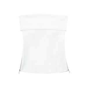 White minimalist tube top with folded neckline and side zippers on white background