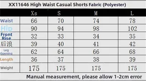 Detailed size guide for high waist casual shorts with measurements from XS to L