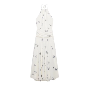 Abito da Donna Scollo all'Americana Stampa Farfalla Increspato Senza Maniche Sexy Senza Schiena Fluido a Trapezio Maxi Abito Stile Streetwear