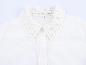 Detailed view of the white crochet lace collar and scalloped edge on this cotton shirt