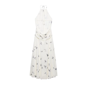 Elegante abito lungo bianco a girocollo con stampa di farfalle e vita a pieghe