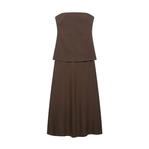 Haut Tube Sans Bretelles Élégant Pour Femmes Et Jupe Midi Marron Chocolat Uni Minimaliste Streetwear Mode Jupe Tenue