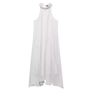 Elegant white polka dot halter neck dress with a high neckline and flowy irregular hemline