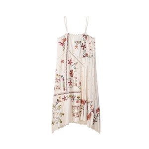 Bohemian Embroidered Asymmetric Midi Dress Ivory White Cotton Blend Strappy Dress Floral Embroidery Ethnic Dress For Women
