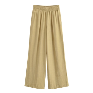Detail of light khaki wide-leg trousers featuring an elastic pleated high waistband