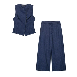 Women Sleeveless Asymmetric Button Vest Top Or High Waisted Wide Leg Pants Polyester Commuter Streetwear Fashion Outfits