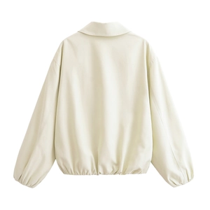 Minimalist beige puff sleeve jacket for women with elastic hem and smooth fabric