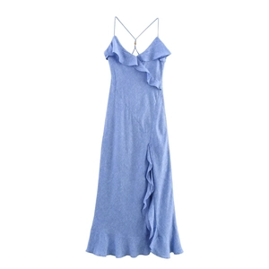 Women French Elegant Light Blue Slip Dress V Neck Ruffle Backless Cross Strap Side Slit Resort Casual Midi Dress
