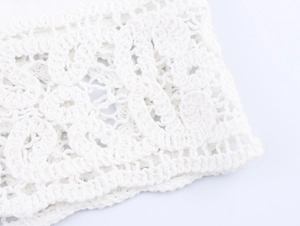 Detailed macro view of white crochet lace hem featuring intricate hollowed-out patterns