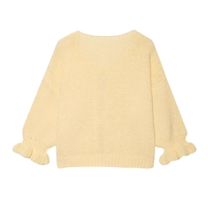 Women's spring yellow knit cardigan featuring delicate ruffle trim cuffs and round neck