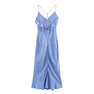 Light blue tiered camisole dress with V-neck and ruffled back details in cotton linen