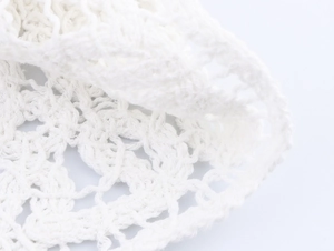 Detailed macro view of white crochet lace fabric showing fine knitting patterns and texture