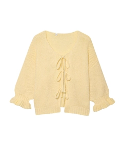 Women's light yellow knit cardigan featuring V-neck and ribbon bow closures in size S