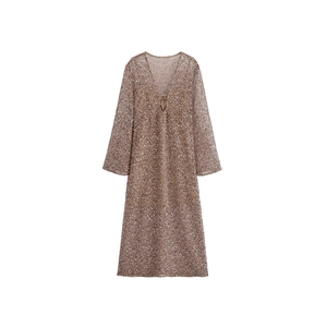 Robe longue manches à paillettes bronze avec décolleté en V profond et texture scintillante