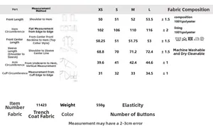 Detailed size chart for minimalist women jacket showing measurements and 100% polyester fabric