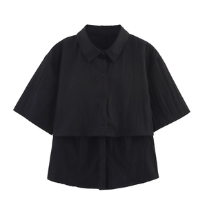 Women's Casual Short Sleeve Double Layer Blouse Turn Down Collar Button Up Minimalist Summer Top Solid Black Streetwear