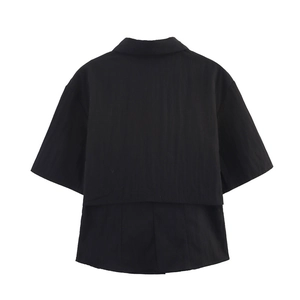 Back view of a black short-sleeved double-layered shirt with vertical texture on white background