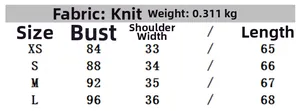Size chart for asymmetrical knit vest with chest and length measurements from XS to L