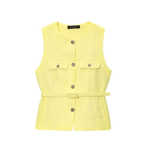 Elegante gilet in tweed giallo chiaro senza maniche con cintura e bottoni