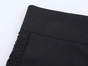 Close-up of black knitted fabric with intricate crochet trim and detailed stitching