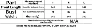 Detailed size chart for S/M/L chiffon dress with measurements and washing instructions