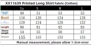 Size guide for poplin printed long shirt with detailed measurements for XS to L sizes