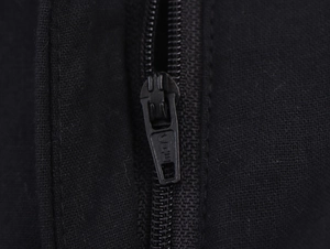 Detailed close-up of the high-quality black metal zipper and textured woven fabric