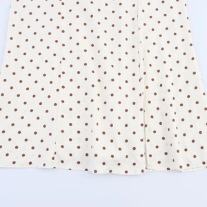 Polka dot midi dress for women in white and brown with button-down detail and flowy fabric
