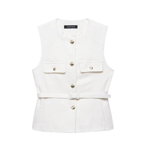 Elegante gilet in tweed bianco da donna con bottoni dorati e cintura abbinata in vita