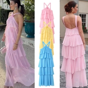 Women's Halter Neck Tiered Chiffon Maxi Dress Flower Decor Sexy Backless Layered Cake Skirt Summer Vacation Long Sundress