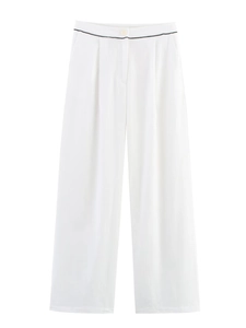 Detail view of high-waist white wide-leg trousers with elegant black piping and single button